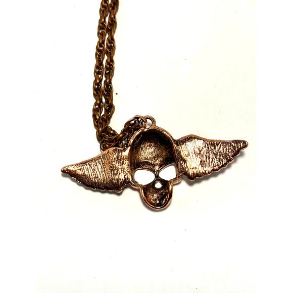 Bronze-tone Winged Skull with Rhinestones Necklace - Picture 3 of 3